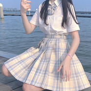 蘿美醬jk制服春秋全套女生短裙學(xué)院風(fēng)JK裙百褶裙半身裙套裝顯瘦裙子 檸檬格裙+短袖襯衫+領(lǐng)結 M 【建議95-105斤】