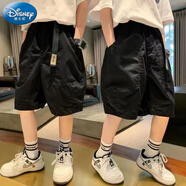 迪士尼（Disney）男童短褲2024新款男孩夏季寬松版中褲兒童韓版外穿日系休閑褲子 黑色(寬織帶短褲) 150 碼建議身高140cm左右