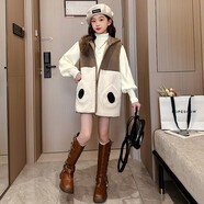 芭梵鼠女童馬甲秋冬新品女兒童背心加厚毛毛衣中大童3-15歲女孩保暖外套 學(xué)生連帽馬甲-米白色 170