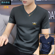 梵登諾（FANDENGNUO）夏季v領男士修身短袖t恤莫代爾體恤衫新款潮流半袖原創(chuàng)上衣服裝 藏青+深灰 XL【135-150斤】