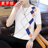 蒙羅頓  冰絲短袖t恤男夏季新款潮牌修身高端冰麻格子針織T恤男裝薄款上衣 白色 XXL