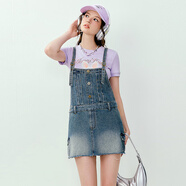 樂(lè )町學(xué)院風(fēng)復古背帶半裙20休閑工裝風(fēng)牛仔吊帶背心裙 藍色（現貨） S