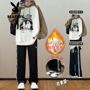 花花公子（PLAYBOY）套裝青少年衛衣寬腿褲2024秋冬初高中生帥氣男孩加絨加厚長(cháng)袖衣服 加絨兩件套【6602衛衣米咖+寬腿 XL