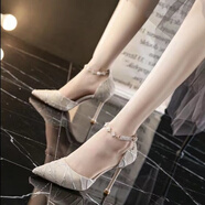 Mac Jabags2025年夏季新款百搭性感尖頭鞋一字扣帶甜美高跟鞋女細跟側空單鞋 米白色[] 6cm 37