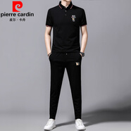 皮爾卡丹（pierre cardin）冰絲短袖男夏季新款休閑運動(dòng)套裝男士翻領(lǐng)短袖T恤兩件套大牌潮t 536黑色【短袖+長(cháng)褲】 170/L
