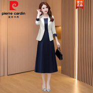 皮爾卡丹（pierre cardin）西裝雪紡連衣裙女長袖春夏2025新款小香風兩裝裙時尚減齡針織衫 米白色 4XL (適合146-155斤)