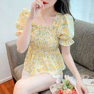 腿中狼雪紡襯衫女夏季短袖2023新款顯瘦收腰小衫法式泡泡袖方領(lǐng)碎花上衣 黃色花 XL 【建議115-125斤】