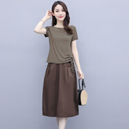 桂雪格夏季短袖連衣裙女裝2024新款韓版時(shí)尚氣質(zhì)中長(cháng)款條紋套裝半身裙子 咖啡色兩件套 L （100-110斤）