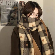 霏斯詩(shī)町 雙面愛(ài)心格子圍巾女冬季韓版百搭可愛(ài)學(xué)生保暖圍脖情侶圍巾披肩兩用 愛(ài)心格子-咖色 精品袋裝