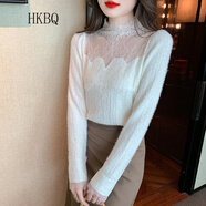 HKBQ輕奢實(shí)拍秋冬新款修身顯瘦蕾絲拼接長(cháng)袖毛毛蕾絲打底衫女蕾絲 米白色 S