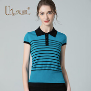 昊藝昊藝百分百真絲翻領(lǐng)條紋T恤女上衣針織衫短袖彩色條紋 雁藍 L
