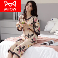 貓人（MiiOW）帶胸墊睡衣女夏款純棉短袖七分褲夏季胖MM大碼免穿文胸家居服套裝 F-8007 無(wú)胸墊 L 【95-115斤】