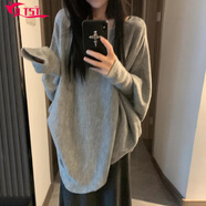 OTST2025春秋新款顯瘦針織衫女灰色蝙蝠袖套頭毛衣女上新季寬松慵懶風 【灰色】 M 90-100斤