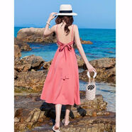 小個(gè)子女生穿的露背裙子仙女超仙沙灘裙新款海邊沙灘裙女夏長(cháng)裙超仙小個(gè)子性感露背吊帶收腰過(guò)膝連衣裙 粉紅色 S