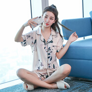 珂爾妮韓版碎花可愛(ài)夏天女士睡衣女冰絲薄款家居服女生短袖短褲夏季套裝 肉粉花朵-1871 XL