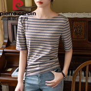 皮爾卡丹品牌一字領(lǐng)條紋t恤2025春夏新款撞色中袖女七分袖高端?；晟郎弦?牛仔藍 S 【建議80-100斤】