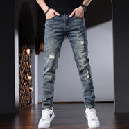 DUDR2025新款夏季牛仔褲男修身水洗褲子男休閑破洞長(cháng)褲時(shí)尚百搭牛仔褲 深藍色 38