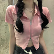 妙奕嘉正肩t恤女短袖女裝夏季2025年新款女士潮流純欲修身短款高腰半袖 拉鏈POLO刺繡短袖【蜜桃粉】 M 【建議90-100斤】