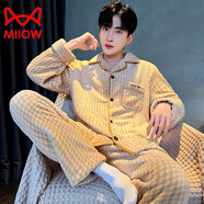 貓人（MiiOW）新款新款珊瑚絨睡衣男士冬季加厚加絨秋冬天青少年男生家居服套裝 淡黃格維蜜  L (身高165~170  體重~120斤)