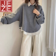 JEZE歐貨假兩件衛(wèi)衣女2024新款秋裝chic穿搭大碼胖mm顯瘦正肩上衣 灰色衛(wèi)衣【z】 M 【建議90-105斤】