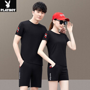花花公子（PLAYBOY）運動(dòng)套裝男士夏季時(shí)尚棉質(zhì)短袖t恤情侶運動(dòng)裝男女休閑透氣運動(dòng)服 SP-1918 黑色【男款T恤+短褲】 L 