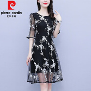 皮爾卡丹（pierre cardin）感女裝時(shí)尚連衣裙高雅氣質(zhì)顯瘦網(wǎng)紗中長(zhǎng)裙子2025夏季新款 黑色 L 115斤以?xún)?nèi)