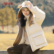 方糖姑娘少女羽絨服冬季2024新款高中初中學(xué)生冬裝可愛(ài)短款小個(gè)子外套連帽 21533LX淺咖色 XL