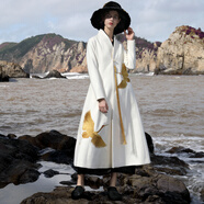 界內(nèi)界外原創(chuàng)設(shè)計師品牌女裝復(fù)古赫本民族風(fēng)黑白色羊毛刺繡中式交領(lǐng)外套超長款呢大衣 白色 S