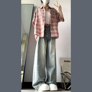 IQTM胖女孩穿顯瘦的衣服胖mm梨形身材穿搭套裝夏季美式復古收腰牛仔褲 兩件套襯衫+淺藍牛仔褲 XL (115-130斤)