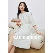Basic House/百家好新中式盤(pán)扣連衣裙2025秋季收腰顯瘦燈籠袖長(cháng)裙 綠色 M