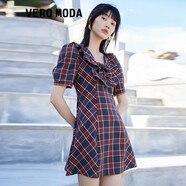 VEROMODA女裝新款荷葉邊領(lǐng)A字?jǐn)[泡泡袖格紋連衣