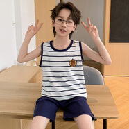 兒童睡衣男童夏季純棉薄款背心套裝可愛(ài)男孩中大童夏天全棉家居服 TNB8#條紋 L碼165(建議體重100-115斤)