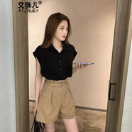 艾珠兒（Aizhuer）連衣裙女裝2024年夏季新款休閑套裝時(shí)尚短袖雪紡短裙套裝裙子夏天 黑上衣+卡其色 XL