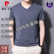 皮爾卡丹【5萬(wàn)+已加購(gòu)】男士短袖t恤桑蠶絲V領(lǐng)半袖夏季純色冰真絲體恤汗衫 V款領(lǐng)灰色 2XL 180建議160-180斤