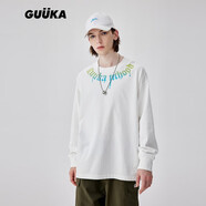 古由卡（GUUKA）潮牌重磅純棉長袖T恤男秋季情侶嘻哈漸變落肩打底衫寬松 白色T7734 S