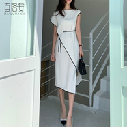 百洛安系帶連衣裙女夏季新款通勤簡(jiǎn)約一字領(lǐng)高腰顯瘦不規則中長(cháng)裙 米白色 L