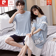 皮爾卡丹（pierre cardin）2套價情侶T恤男夏純棉短袖女夏季韓版卡通家居服男士薄款套裝 T1808(淺藍) 2XL 女M+男