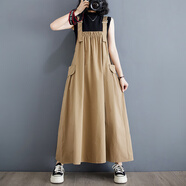 蘑菇同學(xué)大碼女裝夏季胖妹妹復古百搭背帶裙寬松文藝大口袋長(cháng)款大擺連衣裙 卡其 M 建議100-130斤