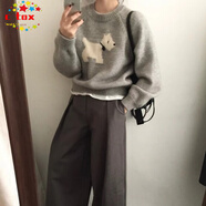 CTOX慵懶風(fēng)提花套頭卡通小狗毛衣女秋冬韓國(guó)寬松針織衫灰色上衣 灰色 M 90-105斤