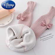 迪士尼（Disney）兒童連褲襪冬季加絨加厚嬰兒春秋外穿洋氣女童裝一體絨寶寶打底褲 粉色 加絨 綢緞蝴蝶結 12-24 21/23 (身高73-82CM)