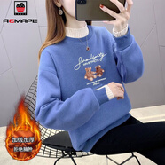 AEMAPE加絨加厚衛(wèi)衣女裝2025冬季新款韓版寬松百搭半高領(lǐng)假兩件上衣潮 湖藍(lán)色_614小熊加絨  M _90-110斤