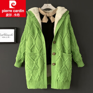 皮爾卡丹（pierre cardin）2026新減齡粗棒針麻花毛衣外套加絨加厚女秋冬寬松休閑中長(cháng)款連帽 熒光綠 全身加絨 S (80-100斤)