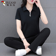 啄木鳥(niǎo)冰絲運動(dòng)服套裝女夏2026新款夏款寬松短袖女裝夏裝休閑兩件套 黑色 L [95-110斤]