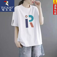 啄木鳥100%純棉t恤女短袖2024夏季寬松上衣印花新款百搭中長款體恤ins潮 白色【R字母】 XL 建議140-160斤