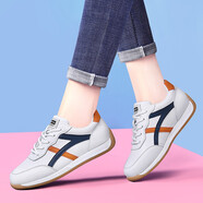 Cupald牛皮運(yùn)動(dòng)鞋女2025春秋季新款女鞋子休閑鞋跑步鞋老爹鞋軟底旅游鞋 白橙色皮面款  （標(biāo)準(zhǔn)尺碼） 38