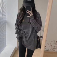 確不凡長(zhǎng)款t恤女遮臀搭配鯊魚褲長(zhǎng)袖早春秋冬條紋長(zhǎng)袖t恤女純棉 黑色(常規(guī)) XL