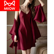 貓人（MiiOW）晨袍新娘女婚禮真絲性感睡衣春夏季吊帶睡裙袍兩件套家居服2025年 酒紅色 絲綢兩件套【睡裙+睡袍】 L 165 建議95-120斤