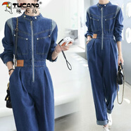 啄木鳥(niǎo)品牌女裝連體褲女2025春秋新款休閑寬松收腰顯瘦工裝長(cháng)袖牛仔連體 藍色 偏深-涼感款 S 90-105斤-涼感款