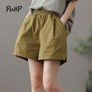 puhp女裝工裝休閑短褲女夏季新款韓版寬松高腰顯瘦薄款五分闊腿直筒褲 咸菜黃[單條裝] M 適合75-100斤
