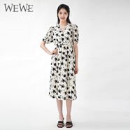 唯唯（WEWE）夏季新款女裝連衣裙水墨玫瑰時尚法式氣質(zhì)短袖V領(lǐng)中長裙 黑色 M(165)